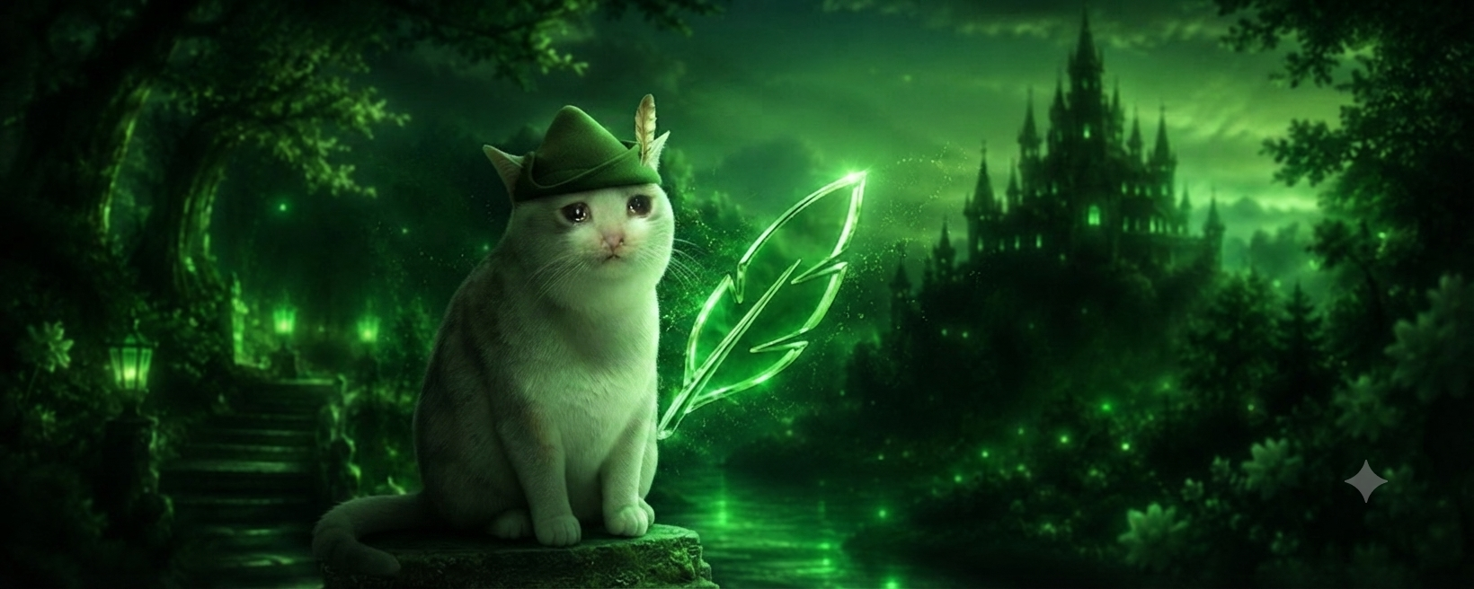 Feathercat — a white cat explorer in a magical green forest